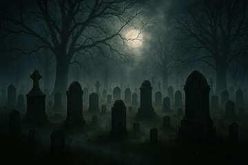Spooky Halloween graveyard with atmospheric fog and supernatural gothic elements