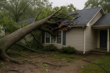 Storm damage to residential property with fallen tree and insurance claim documentation