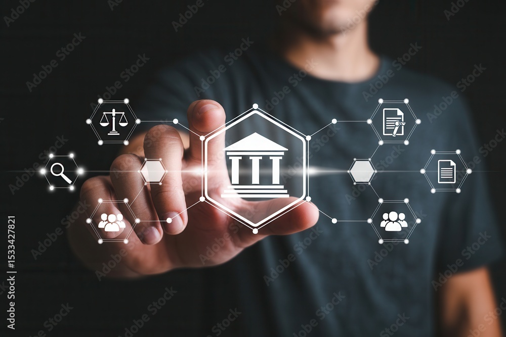 Poster person interacting with a digital interface displaying legal concepts.