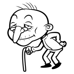 Obraz premium Old Man cartoon characters wearing tracksuits and training with wooden cane walking aid. Best for outline, logo, and coloring book with aging themes