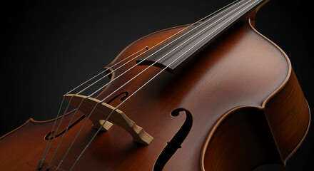 Fototapeta premium Close up shot of a brown upright bass with strings and a bridge on a dark background studio shot