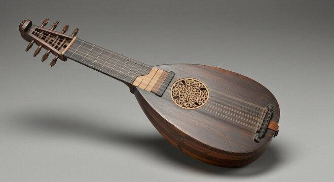 A detailed view of an antique lute with strings and tuning pegs on a neutral gray background showing details