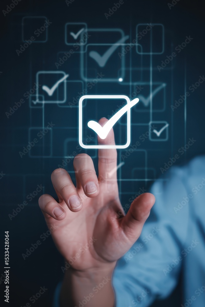Poster a hand interacting with a digital check mark interface.