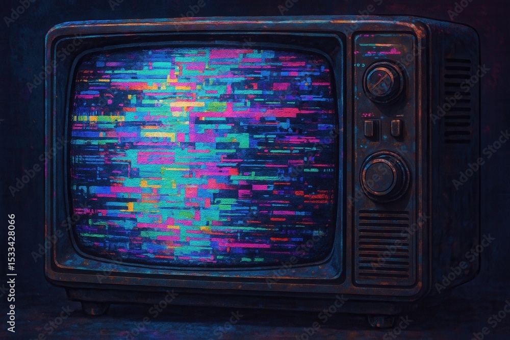 Poster vintage television screen with digital glitch effects and static noise creating retro technology art