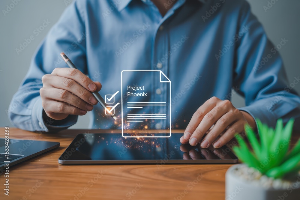 Poster person using a digital pen to check off items on a project document displayed on a tablet.