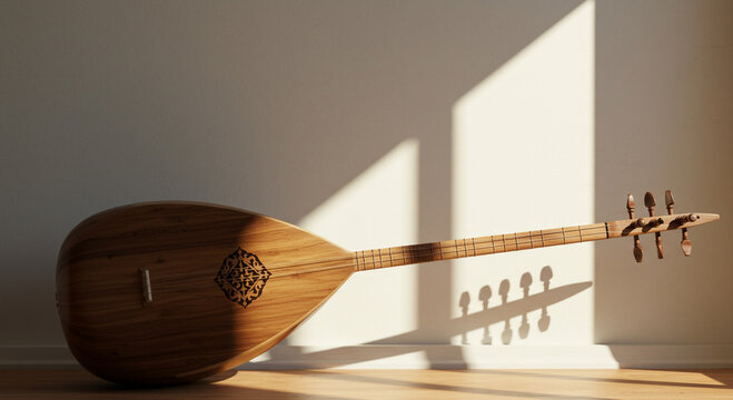 Wooden dombra instrument resting against a white wall with shadows in a well lit room