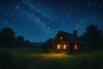 Cozy cabin under starry night sky in peaceful meadow creating fantasy countryside scenery with magical atmosphere