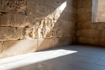 Sunlight illuminating stone wall interior