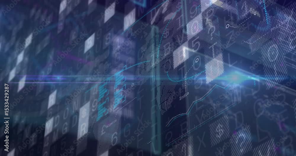 Poster purple cyan glows initiating code grid data display, squares drifting, dotted curve rising