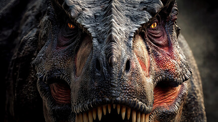 A massive dinosaur stands fiercely, showcasing its textured skin and piercing eyes. The atmosphere feels prehistoric, evoking awe and fascination with ancient wildlife.