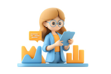 3D Female Analyst Examining Business Data on Tablet with Charts and Dialogue Bubble