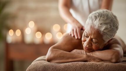 Senior Woman Relaxing During Spa Massage Therapy Session with Candles