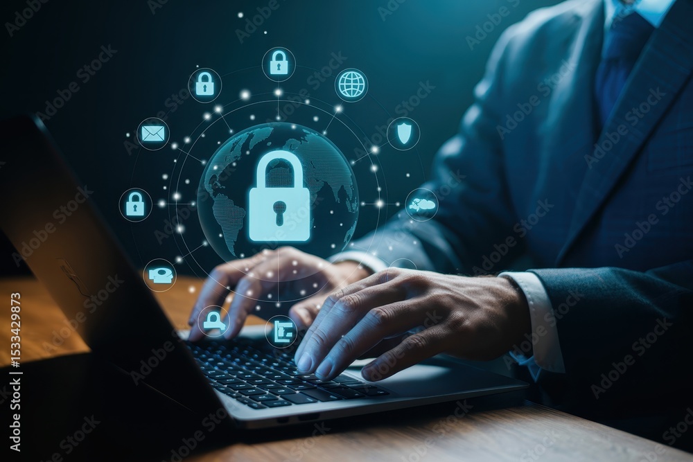 Poster a person types on a laptop with a digital security interface.