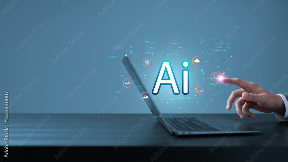 Poster artificial intelligence technology in digital transformation, human finger points to glowing ai icon