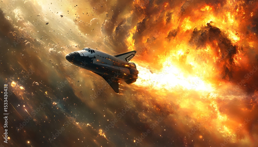 Aufkleber spaceship navigating a fiery nebula.