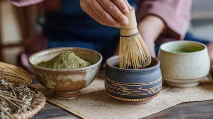 Traditional Matcha Tea Preparation with Bamboo Whisk and Ceramic Bowls