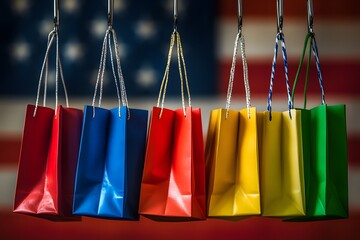 Colorful Shopping Bags with American Flag Background

