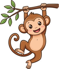 Happy Cartoon Monkey Hanging on a Tree Branch