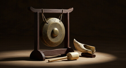 Still life of a gong with wooden mallet and a bone object on a dark brown surface backdrop