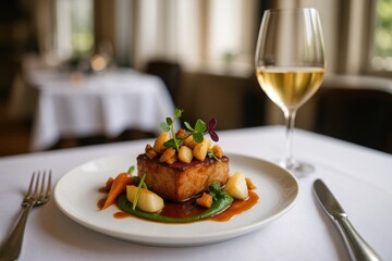 Michelin-starred gourmet cuisine presentation in atmospheric fine dining restaurant with natural daylight and wine