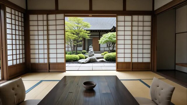 A tranquil Zen-inspired garden framed by a traditional Shoji doorway. With manicured greenery, stepping stones, and timeless architecture, this scene speaks of mindfulness, balance, and traditional Ja