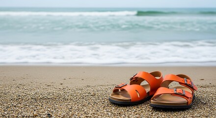 Obraz premium Sandals on Beach with Ocean in Background Vacation Concept