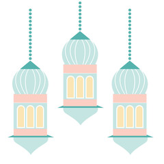 Two mosque-shaped lanterns hanging with dotted chains in pastel tones. Great for Ramadan or Eid decorations, Islamic themes, or festive visuals.

