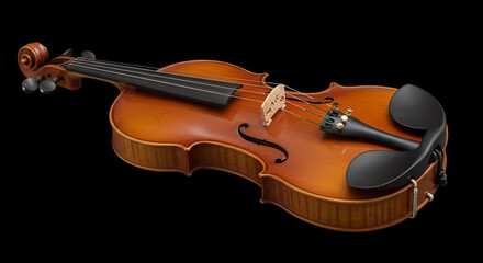 Fototapeta premium Close up of a brown violin with a black shoulder rest against a black background in a studio shot