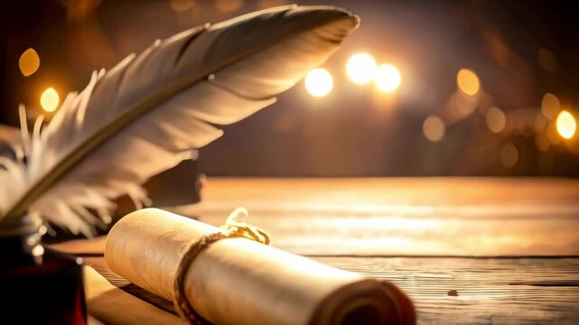 Antique writing set with quill pen, inkwell, and parchment scroll illuminated by warm golden light for historical theme