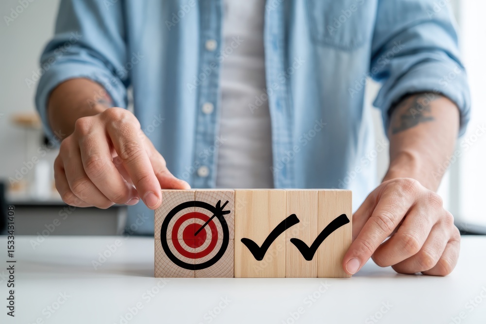Poster wooden blocks with target and checkmarks, illustrating a goal-oriented approach.
