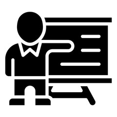 Classroom Training Glyph Black Fill Silhouette Icon - Instructor figure presenting in front of a board, symbolizing traditional in-person training for trainees