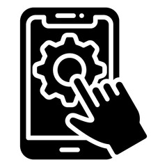 Interactive Practice Glyph Black Fill Silhouette Icon - Gear and hand on smartphone shows interactive mobile learning or skill simulation for trainees