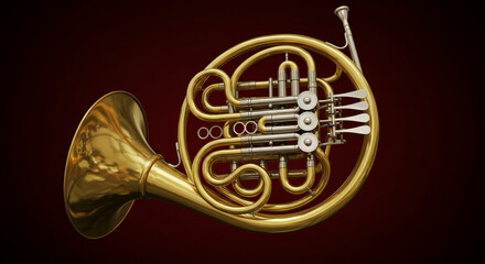 Naklejka premium A detailed view of a golden french horn on a dark red background in a studio setting close up
