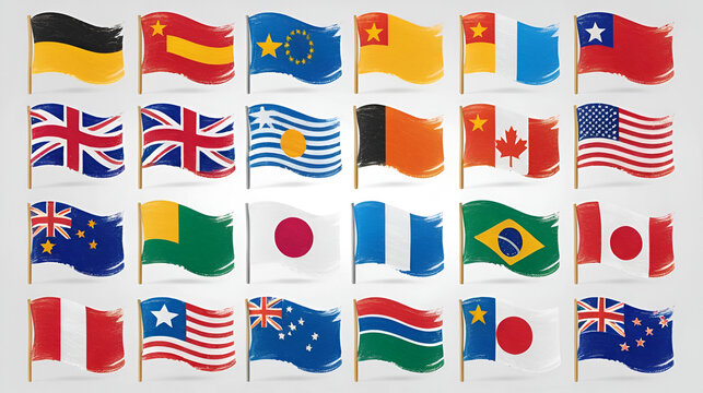 World flags with brush paint textured. World Flags - brush grunge flat icons.