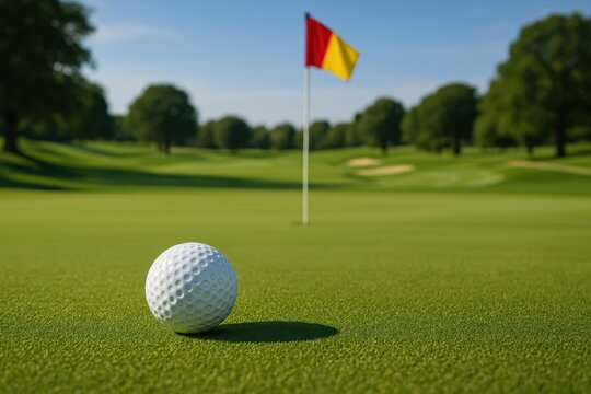 Professional golf ball positioned on pristine putting green with flag and manicured course in background