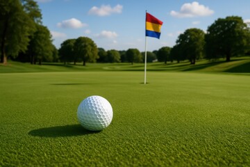 Obraz premium Professional golf ball positioned on pristine putting green with flag and manicured course in background