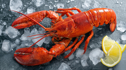 Delicious boiled lobster with ice cubes and lemon pieces on grey table, flat lay