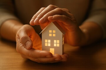 Protective hands gently holding paper house model representing home insurance security and property protection concept