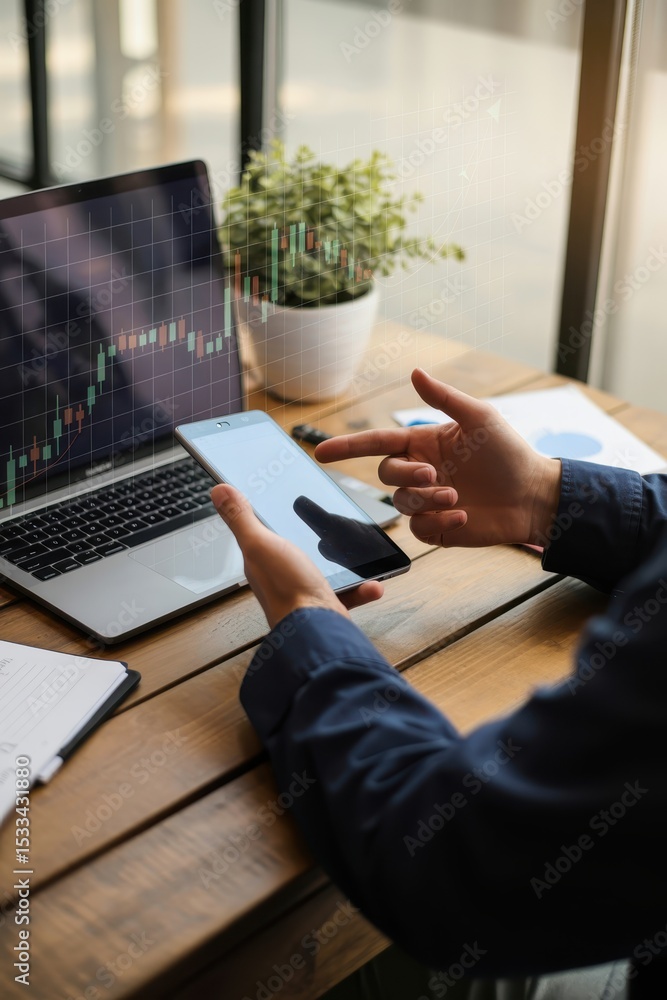 Poster person looking at a tablet computer screen displaying financial data.
