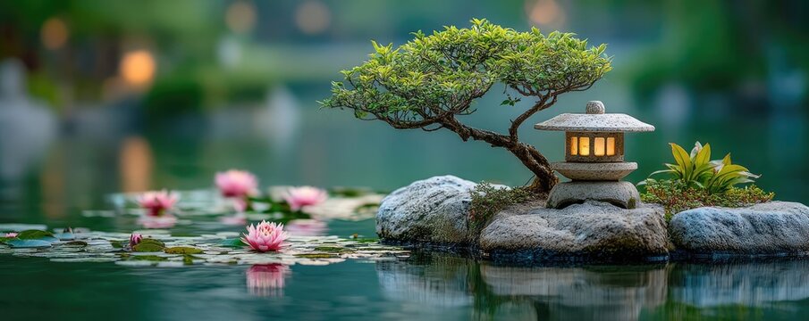Bonsai tree for meditation with lotus and rock concept. A serene pond scene featuring a lantern, bonsai, and lilies.