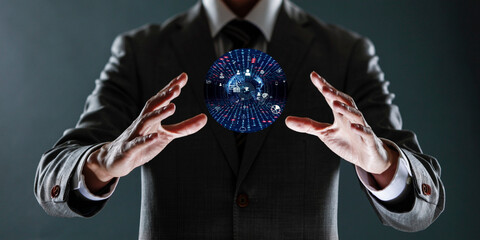 businessman holding a sphere with a globe in his hands.