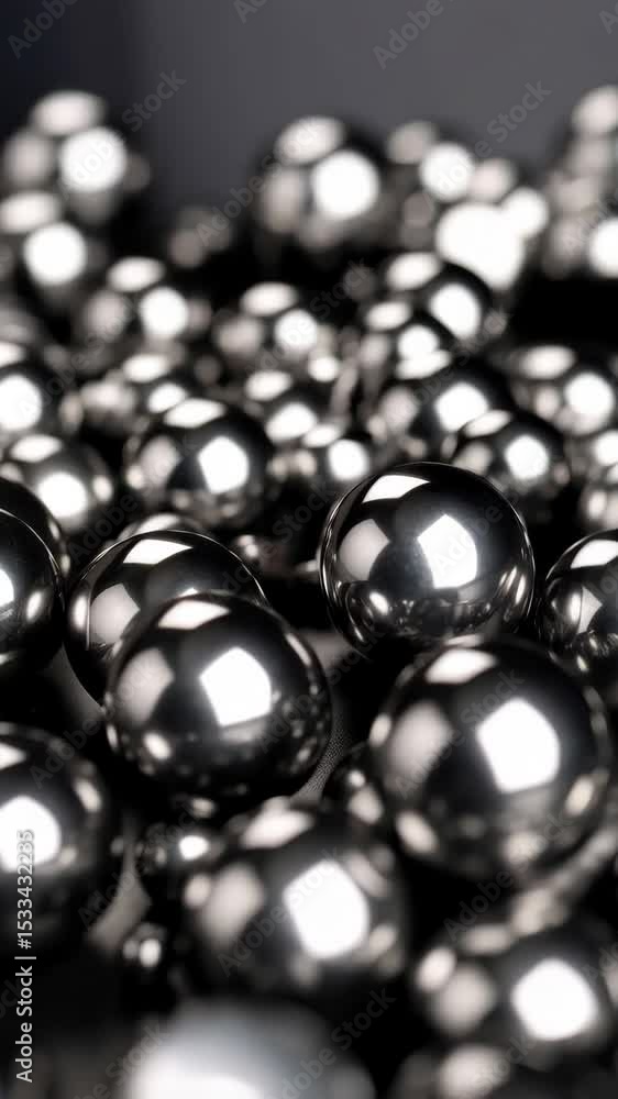 Poster numerous gleaming chrome spheres densely packed together on dark background, creates shiny reflectio