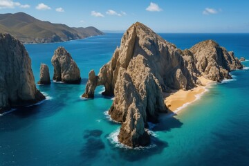 Spectacular aerial view of Cabo San Lucas arch formation with turquoise waters and dramatic coastal landscape