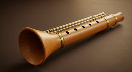 Naklejka premium Close up of a shawm an ancient woodwind instrument with finger holes and brass accents on brown surface