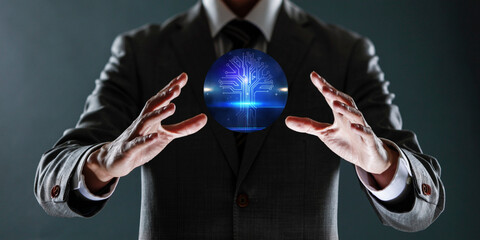 businessman holding a sphere with a globe in his hands.