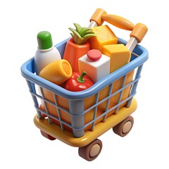 Cartoon shopping cart filled with groceries