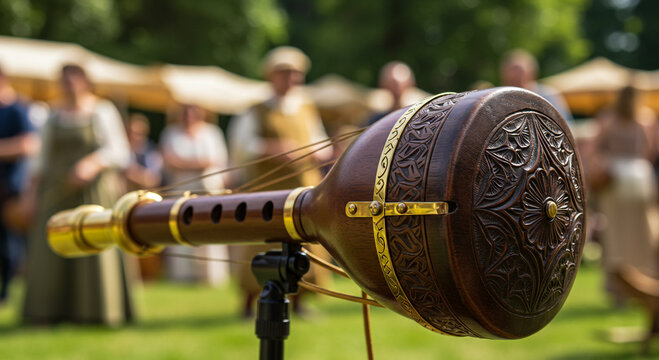 Close up of a decorated stringed instrument on a stand with people in the background on a sunny day