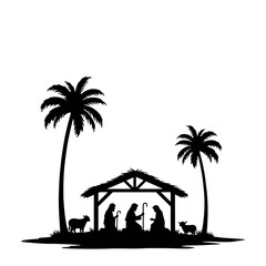 Obraz premium Nativity scene silhouette with palm trees and animals