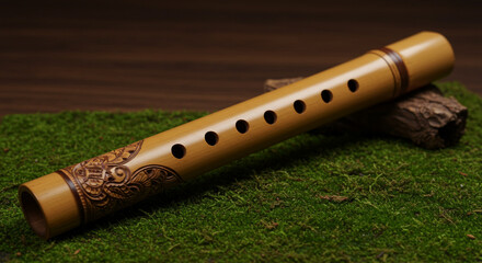Fototapeta premium A light brown flute with decorative carvings resting on a bed of green moss and a small piece of wood