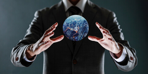 businessman holding a sphere with a globe in his hands.